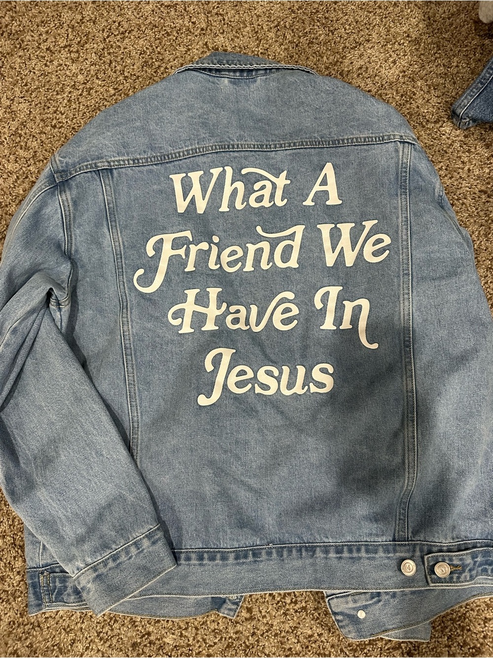 Light Blue Denim Jacket with 'What A Friend We Have In Jesus' Graphic